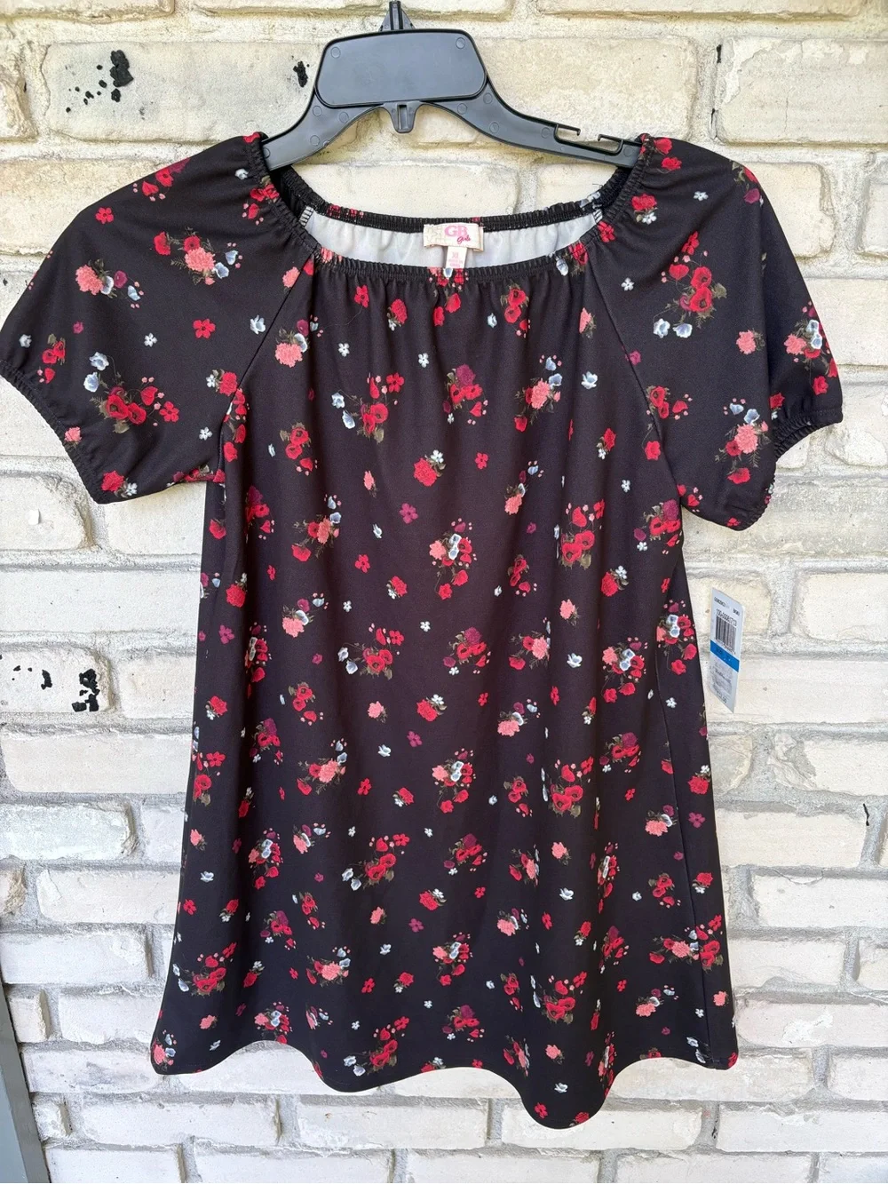 Black Floral Short Sleeve dress with  red Floral Print.